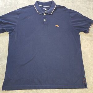 Tommy Bahama Mens XXL Navy Blue Pique Polo Shirt Orange Marlin Logo Short Sleeve